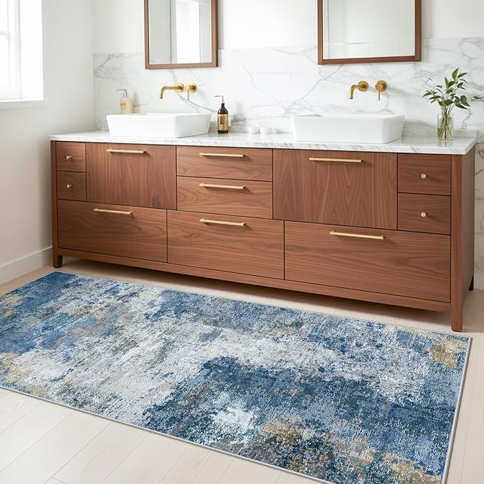 3x8 Washable Hallway Runner Rug: Modern Abstract Non-Slip Kitchen Rug for Bedroom Entryway - Ultra Thin Soft Low-Pile Stain Resistant Throw Floor Mat for Boho Home Decor (3X8 Blue-W)