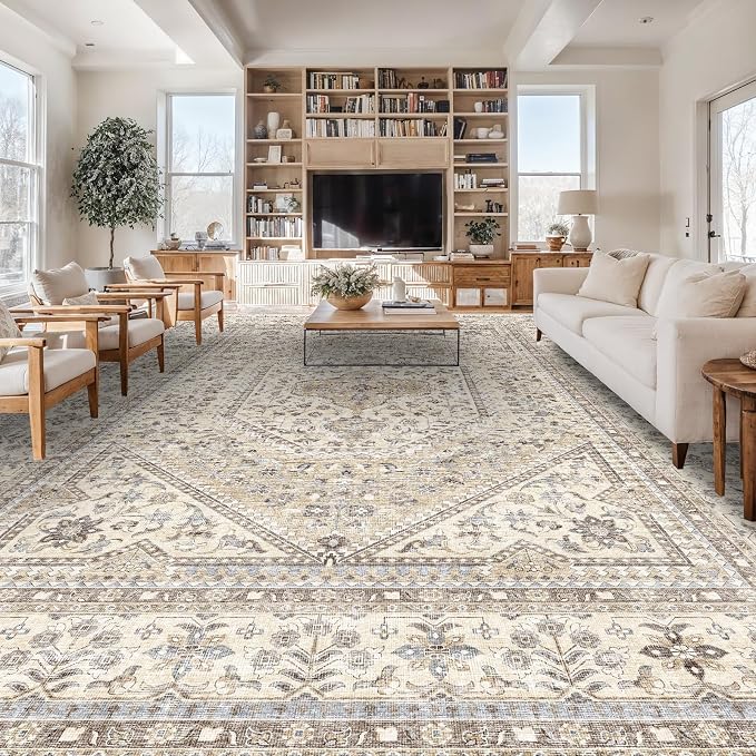 12X15 Area Rug for Living Room: Large Washable Oriental Rugs for Bedroom Non Slip Backing Stain Resistant Indoor Soft Floor Carpet for Dining Table Nursey Dorm Kitchen Low Pile Beige/Gray