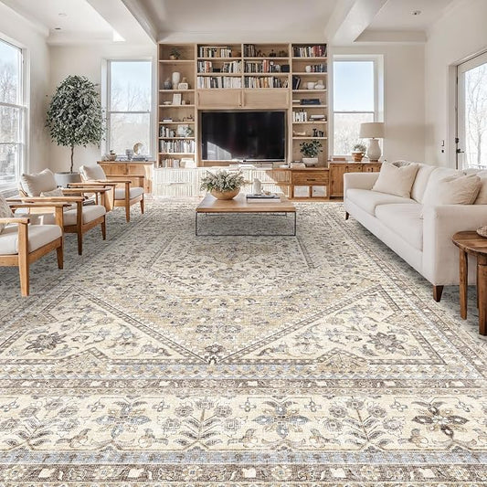 12X15 Area Rug for Living Room: Large Washable Oriental Rugs for Bedroom Non Slip Backing Stain Resistant Indoor Soft Floor Carpet for Dining Table Nursey Dorm Kitchen Low Pile Beige/Gray