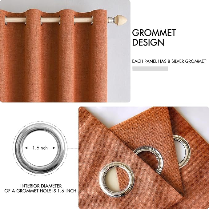 MIULEE 100% Blackout Linen Curtains for Bedroom Thermal Insulated Orange Grommet Room Darkening Curtains & Drapes Fall Decor for Living Room 52 x 84 Inch (2 Panels)