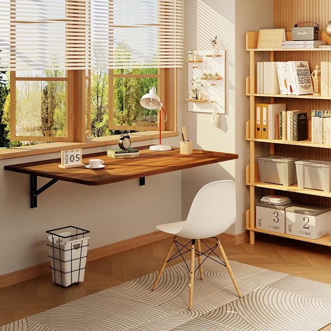 Floating Foldable Desk,Wall Mounted - Folding Computer Table with Engineered Wood,Study Table with Shelf Brackets,Fold Down Shelf,Fold Computer Desk for Small Apartment,Holds 500 lb,36" x 22",Walnut