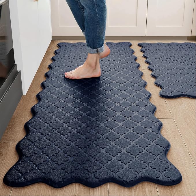 Arenarug Upgrade Scalloped Embossed Kitchen Mats for Floor 2PCS Cushioned Anti Fatigue Waterproof Foam Kitchen Rugs Non Slip Washable Comfort Standing Mat for Sink Laundry, 17.3"x30"+17.3"x47", Navy