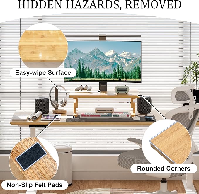 Bamboo Monitor Stand Riser for Desk with 4-Level Height Adjustment | Ergonomic Computer Riser, Desktop Organizer Shelf, Sturdy 100 lbs Support, Height Adjustable Laptop Stand, Warp-Proof, Large