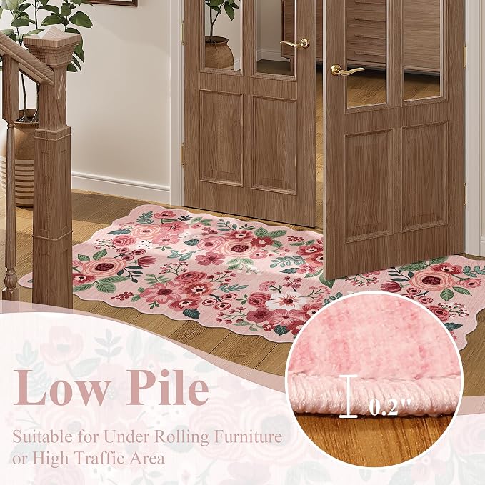 DUKINO 3x8 Washable Runner Rug, Soft Indoor Floral Non Slip Long Runner Rug for Hallways, Lightweight & Low Pile Floor Carpet for Kitchen, Entryway, Hallway, Bathroom, Laundry, Bedroom, Pink