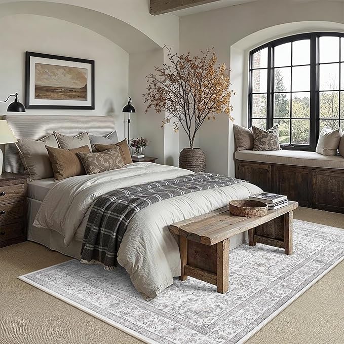 6x9 Gray Washable Area Rugs for Living Room Non Slip Low Pile Vintage Boho Throw Rug Soft Retro Distressed Floral Large Carpet Indoor Farmhouse Decor for Bedroom Dining Room Office Kitchen Playroom
