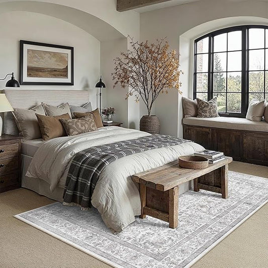 6x9 Gray Washable Area Rugs for Living Room Non Slip Low Pile Vintage Boho Throw Rug Soft Retro Distressed Floral Large Carpet Indoor Farmhouse Decor for Bedroom Dining Room Office Kitchen Playroom