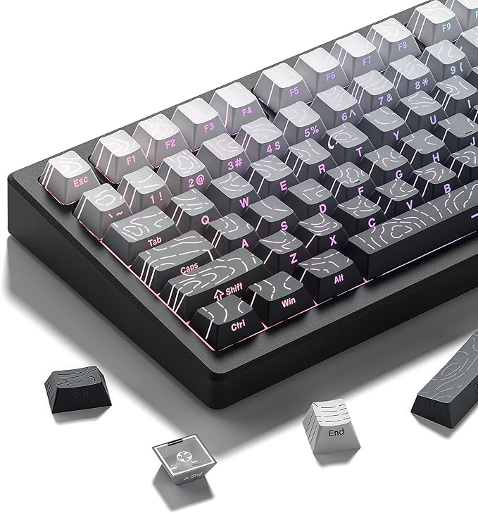 dagaladoo White/Grey Topographic keycap Sets Line Backlit Gradient keycaps Shine Through Keyboard Keys Side Printed Key caps Cherry Profile for 61/64/66/68/71/75/84/87 Mechanical Keyboards