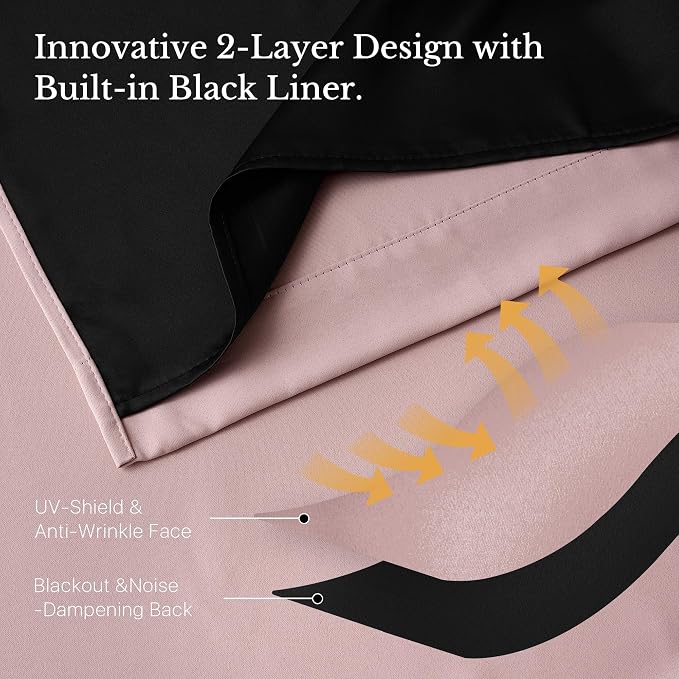 NICETOWN 100% Blackout Window Curtain Panels 84" Long, Blush Pink, 2 Pieces, 52 inches Wide Each Panel, Heat and Cold Blocking Drapes with Black Liner for Nursery, Thermal Insulated Draperies