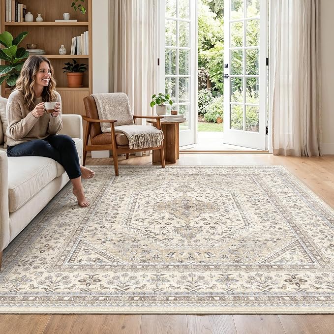 Puino 8x8 Square Area Rug - Washable Oriental Large Rugs for Living Room Soft Non-Slip Backing Indoor Carpet for Bedroom Low Pile Stain Resistant Floor Mat for Dinning Room Home Decor Beige/Gray