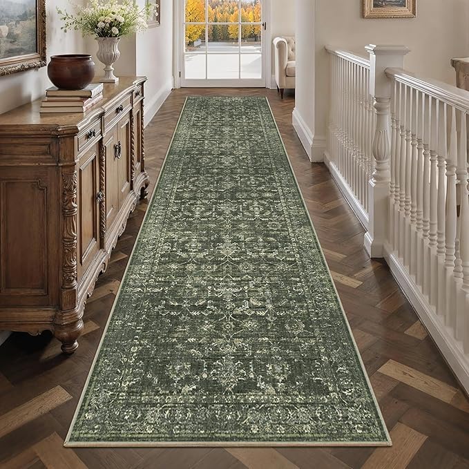 3x12 Green Runner Rug Hallway Washable Area Rugs Kitchen Vintage Boho Non Slip Long Rug Floral Carpet Indoor Retro Soft Low Pile Throw Rug for Bedroom Bathroom Laundry Dining Living Room Office