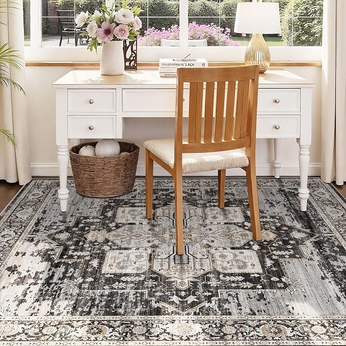 RUUGME Washable 5 x 5 Square Rug- Area Rugs for Living Room Stain Resistant Carpet Soft Rugs for Married Woman in Bedroom Kitchen Dining Room with Non Slip Backing Home 5x5 Black