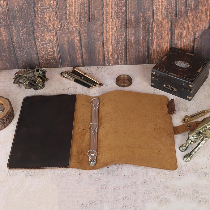 Premium Leather 3-Ring Binder Portfolio, 8.5x11 Inch Letter Size Organizer Folder, Refillable 3-Hole Paper BusinessBinder, Resume Folio for Men and Women (Brown)
