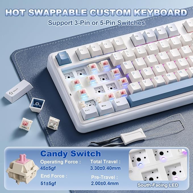 YUNZII B98 PRO QMK/VIA Wireless Mechanical Gaming Keyboard,96% Layout with Numpad and Cute Cat Knob, BT/2.4G/USB-C,Linear Switch Hot Swap Gasket,RGB for Win/Mac (Blue, Milk V2 Linear Switch)