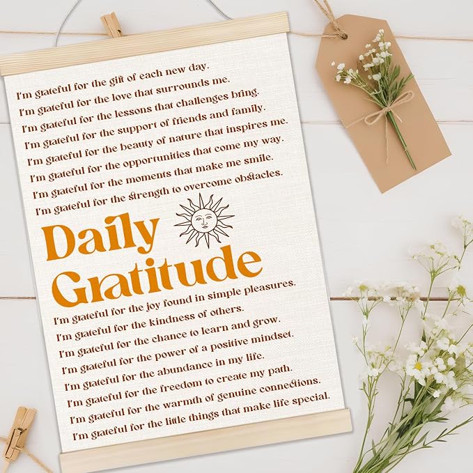 Welshower Vintage Daily Gratitude Positive Affirmations Poster Hanger Frame, Retro Motivational Wall Art Prints Decor for Home Bedroom Dorm Office Yoga Studio Framed, 12x16 Inch
