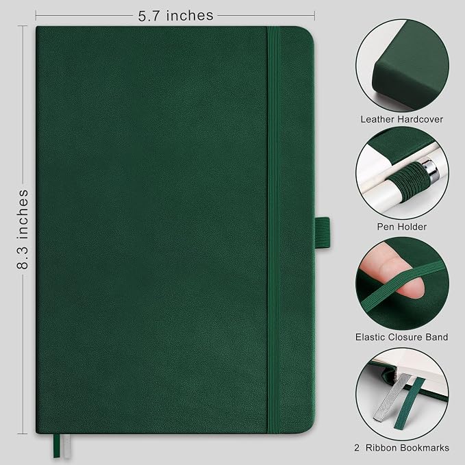 AHGXG Lined Journal Notebook, 160 Numbered Pages, A5 Medium Size (5.7'' x 8.3''), 120 GSM Thick Paper, for Men & Women, Journaling, Writing, Work & Office, Leather Hardcove (Dark Green)