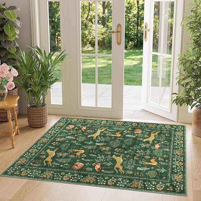 DUKINO 3x4 Washable Entryway Rug, Vintage Animal Ultra Soft Kitchen Area Rug with Non Slip Backing, Low Pile & Stain Resistant Indoor Door Mat for Bathroom, Bedroom, Laundry Room, Office, Green