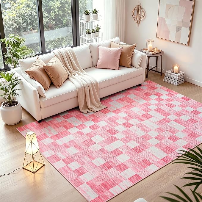 Terrug Pink Checkered Rug for Bedroom, 4x6 Area Rugs Washable with Non Slip for Living Room, Soft Low Pile Stain Resistance Abstract Carpet for Kids Room
