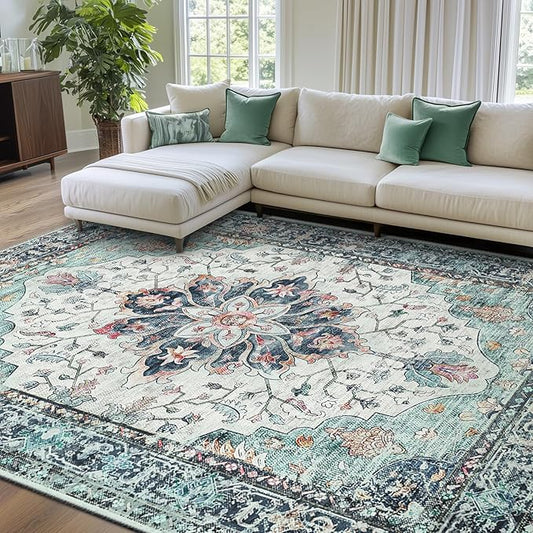 RELEANY Area Rugs 7'x10' Washable Non-Slip, Floral Vintage Distress Medallion Carpet for Living Room Bedroom Dining Room, Beige Carbon Grey Orange