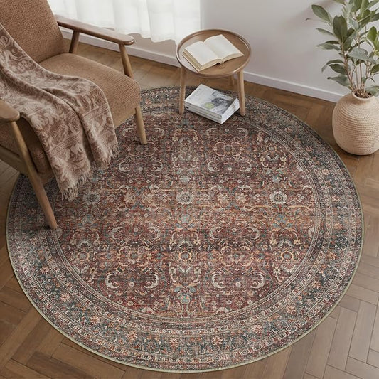 HUGEAR 4ft Round Rug Entryway Rugs Machine Washable Brick Red Hallway Area Rug 4x4 Small Circle Floral Low Pile Carpet Vacuumable Throw Rug Living Room Laundry Entrance Non Slip Soft Lightweight