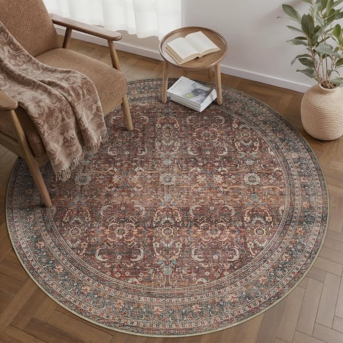 HUGEAR 5ft Round Rug Entryway Rugs Machine Washable Brick Red Hallway Area Rug 5x5 Small Circle Floral Low Pile Carpet Vacuumable Throw Rug Living Room Laundry Entrance Non Slip Soft Lightweight