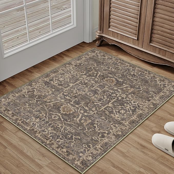 HUGEAR 2x3 Entryway Area Rug Retro Brown Small Rug Machine Washable Door Mat Vintage Floral Low Pile Carpet Vacuumable Distressed Throw Rug Entrance Kitchen Bathroom Bedroom Non Slip Lightweight