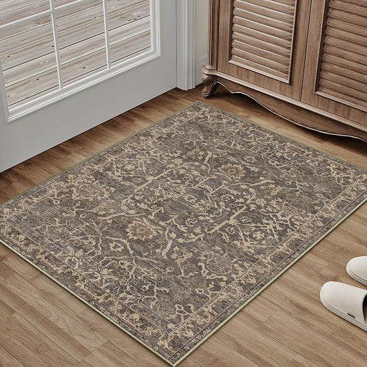 HUGEAR 2x3 Entryway Area Rug Retro Brown Small Rug Machine Washable Door Mat Vintage Floral Low Pile Carpet Vacuumable Distressed Throw Rug Entrance Kitchen Bathroom Bedroom Non Slip Lightweight