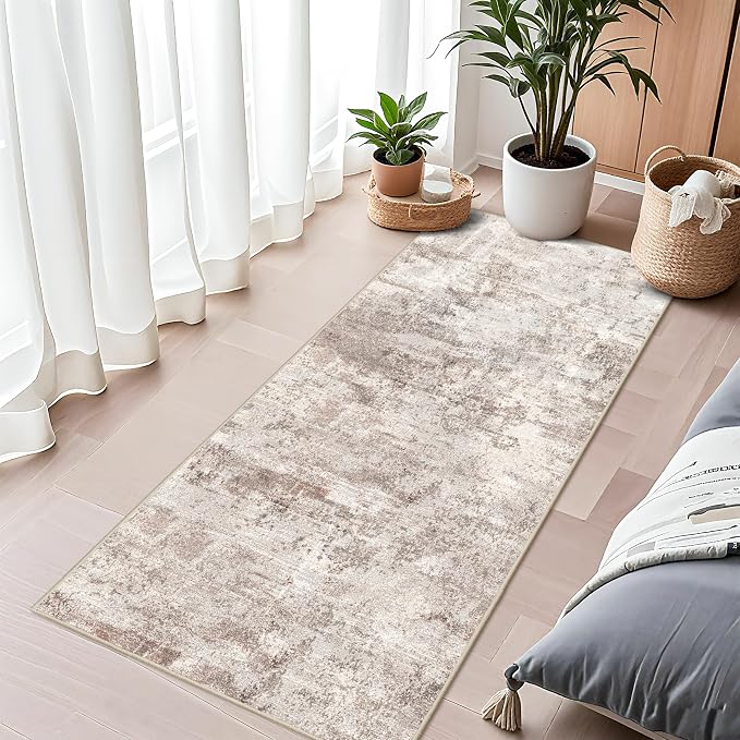 RUUGME Hallway Runner Rug 2x5 - Machine Washable Runner Rug Stain Resistant for Home Non Slip Indoor Entryway Rubber Backing Carpet Bedroom Kitchen Distressed Floor Decor Mat 2x5 Brick/Brown/Beige