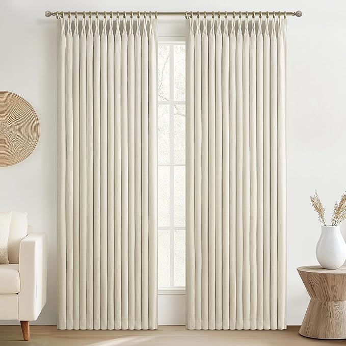 PleatedDrapes Custom Blackout Memory Trained Pinch Pleated Dining Room Curtains 78 Inches Long 2 Panels Set, Cream Double Layer Linen Thermal Noise Reducing Farmhouse Window Curtain 6-1/2 FT Length