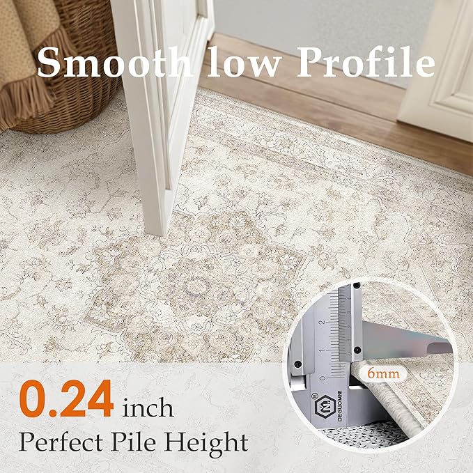 PureCozy Beige Runner Rug 2x6 Washable Vintage Long Carpet for Hallway Kitchen Soft Retro Low Pile Thin Indoor Runner Non Slip Oriental Medallion Throw Rug for Bathroom Bedroom Laundry Dining Room