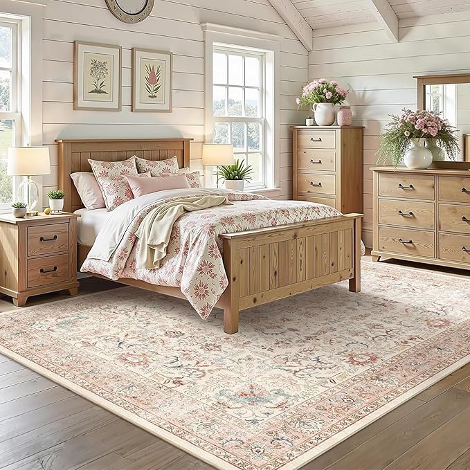 9x12 Pink Washable Area Rugs for Living Room Non Slip Low Pile Vintage Boho Throw Rug Soft Retro Distressed Floral Large Carpet Indoor Farmhouse Decor for Bedroom Dining Room Office Kitchen Playroom