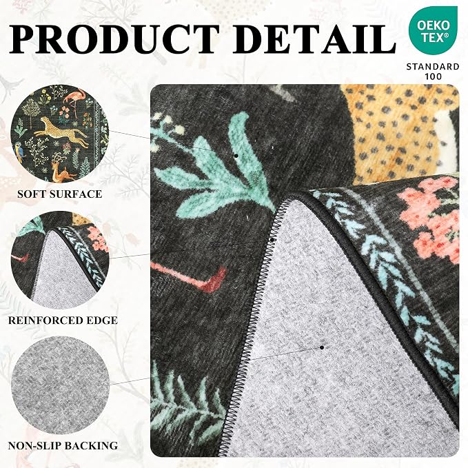 DUKINO 3x5 Rug, Washable Animal Area Rug with Non Slip Vintage Design, Indoor Soft Low Pile Carpet for Bedroom, Nursery, Dining Room, Farmhouse, Playroom, Black