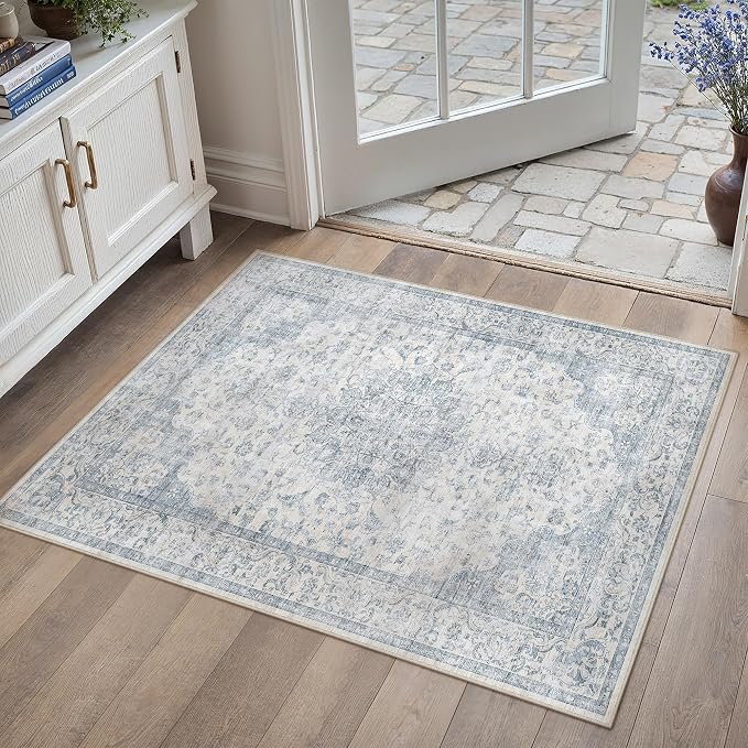 PureCozy 2x3 Area Rug Washable Neutral Blue Vintage Entryway Carpet Non Slip Low Pile Soft Door Mat Indoor Entrance Floral Small Throw Rug for Bathroom Bedroom Office Laundry Kitchen