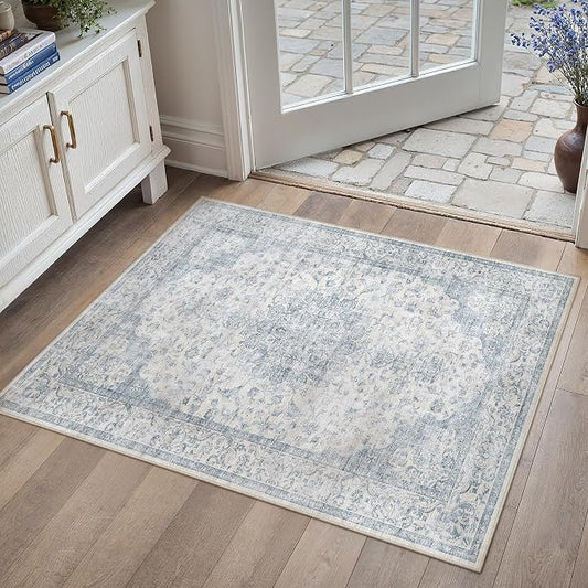 PureCozy 2x3 Area Rug Washable Neutral Blue Vintage Entryway Carpet Non Slip Low Pile Soft Door Mat Indoor Entrance Floral Small Throw Rug for Bathroom Bedroom Office Laundry Kitchen