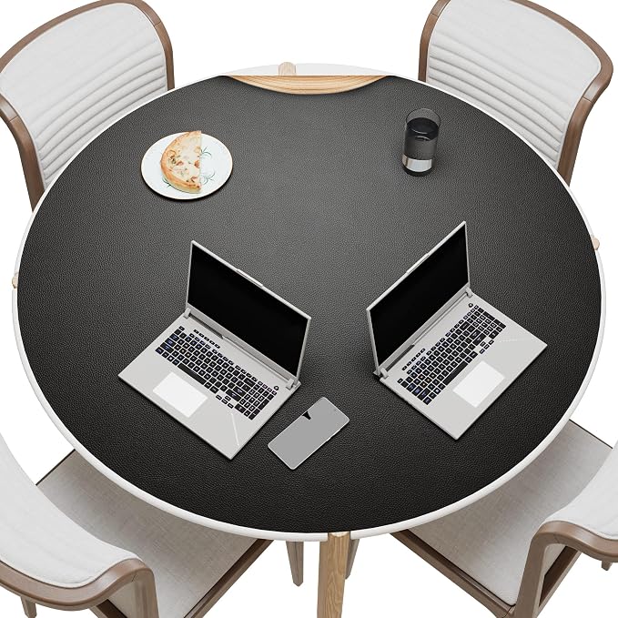 MAIDERN 42 Inch Round Cork & Leather Table Pad Protector, Cuttable Size (36-42 Inch), Trimmable Dining Table Mat, Heat Resistant/Non-Slip Table Cover for Kitchen, Office, or Restauran (Black)
