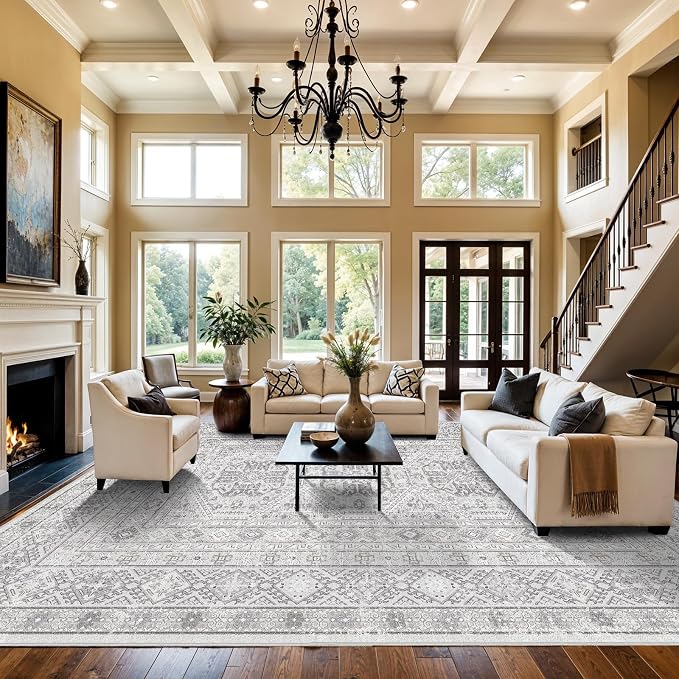 12x15 Area Rug for Living Room: Vintage Oriental Washable Rug for Bedroom Dining Room with Non Slip Rubber Backing Stain Resistant Low Pile Large Carpet Home Office (Grey, 12x15)