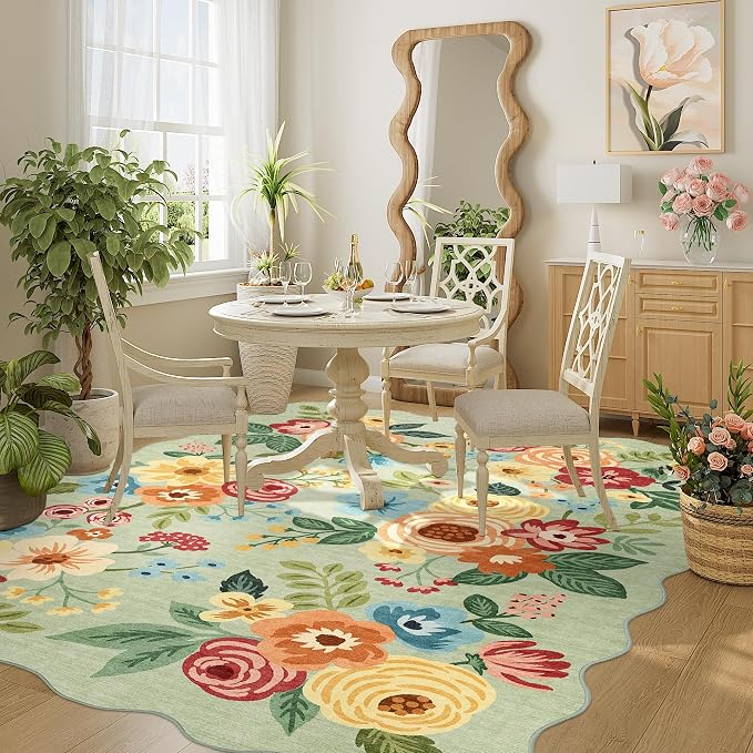 DUKINO 4x6 Area Rug, Floral Non-Slip Indoor Washable Rug with Low Pile & Non-Shedding, Lightwight Boho Design Carpet for Entryway, Bedroom, Kids Room, Living Room, Kitchen, Green