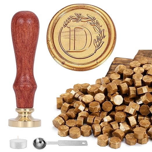 Yoption Letter Wax Seal Kit, Vintage Initial Alphabet D With Wreath Stamp and 120 Antique Gold Seal Beads