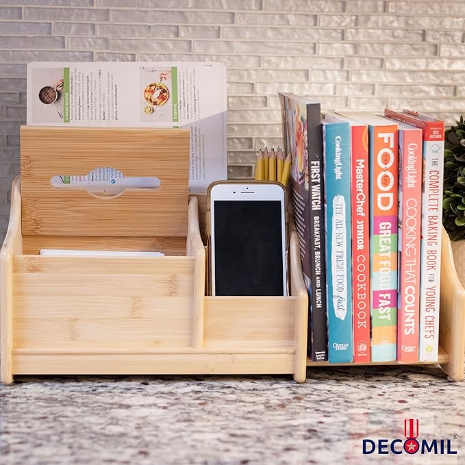 DECOMIL Bamboo Desk Organizer, Wood Desktop Shelf, Perfect Office Decor for Office Supplies Storage, Multifunction Desktop Organizer Shelf