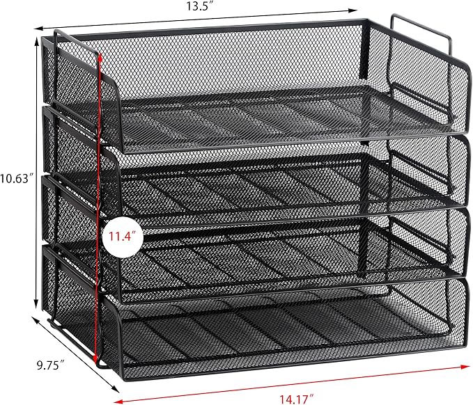 4 Pack Stackable Desk Paper Tray, Metal Mesh Desktop Document Letter File Organizer for Office Home School, 13.5'' L x 9.75'' W x 11'' H, Black