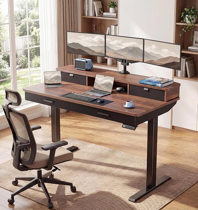 HUANUO 55 x 30 inch Electric Standing Desk with 4 Drawers, Walnut | Deeper 30 Inch Desktop, Cable Tray, Monitor Mount Support, Grommet Routing, 27.9–46.8 Inch Height Range, Home Office Use