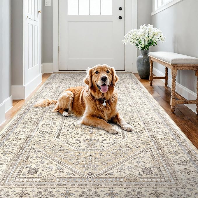 4x8 Runner Rug for Hallway Washable: Non Slip Kitchen Rugs with Rubber Backing Soft Waterproof Wide Mats Stain Resistant Low Pile Carpet for Entryway Bedroom Bathroom Laundry Home Decor Beige/Gray