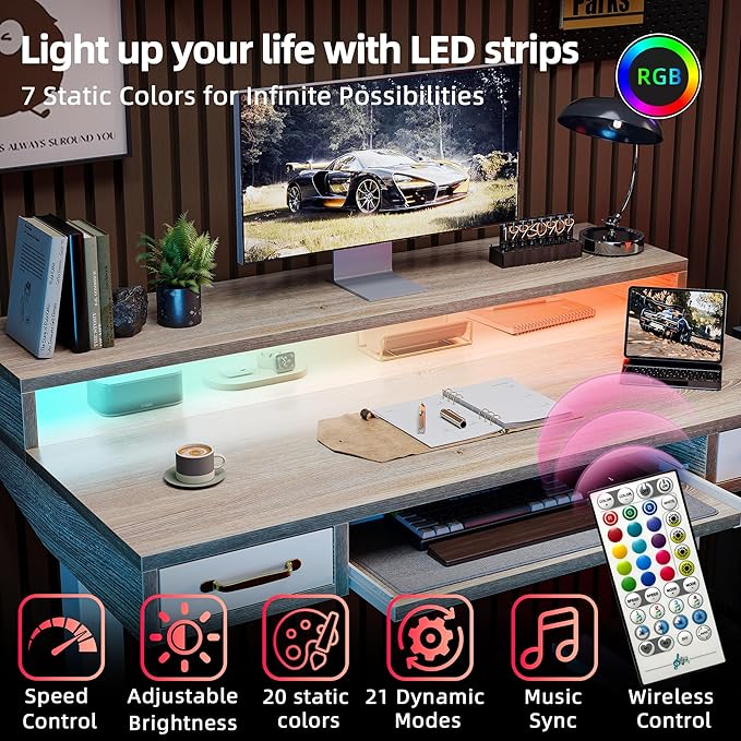 TIQLAB Standing Desk with Two Drawers, Stand Up Standing Desk Adjustable Height, Electric Sit Stand Table with Storage Shelf and Splice Board, with LED Light, 55 * 28 inch, Maple