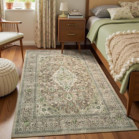 Green Washable Boho Area Rug for Bedroom, 3x5 Vintage Floral Non Slip Rugs, Soft Low Pile Indoor Mat, Aesthetic Pattern Carpet for Living Room, Kitchen, Dining Room and Bedside