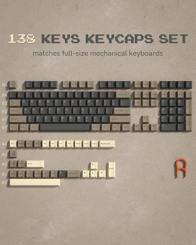 Womier Double Shot PBT Keycaps Set 138 Keys, Cherry Profile Custom Keycaps 60 65 75 100 Percent for 61/64/68/84/87/100/104/108 Retro Gaming Mechanical Keyboard, Brown Gray