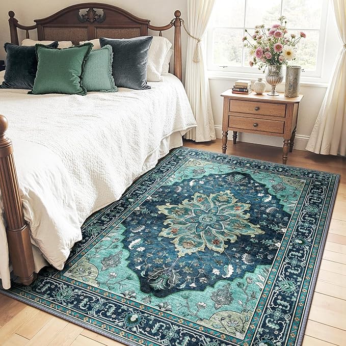 RELEANY Area Rugs 4'x5' Washable Non-Slip, Floral Vintage Distress Medallion Carpet for Living Room Bedroom Dining Room, Teal Green Lake Blue Turquoise