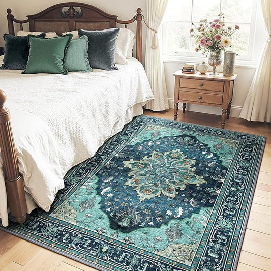 RELEANY Area Rugs 4'x5' Washable Non-Slip, Floral Vintage Distress Medallion Carpet for Living Room Bedroom Dining Room, Teal Green Lake Blue Turquoise
