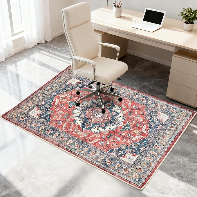 Office Chair Mat for Hardwood Tile Floor, 36"x48"Anti-Slip Under Desk Carpet Protector for Rolling Computer Chair Mat, Machine Washable Office Area Carpet (Chenille,Red)