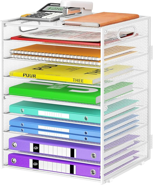 9 Tier Paper Organizer with Handle, White Large Capacity Desk Organizer Mesh File Folder Letter Paper Tray Desktop Document Sorter for Classroom, School, and Office Accessories Organization