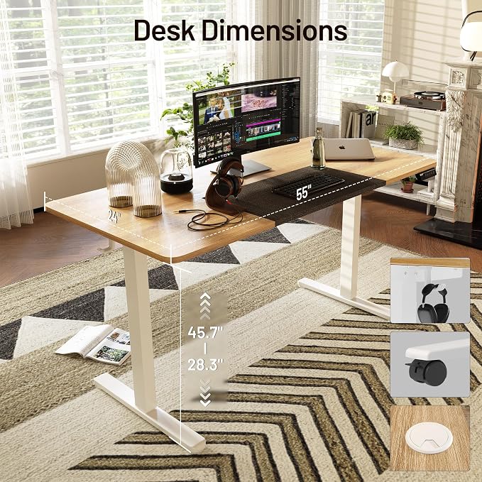 Monomi Electric Standing Desk 55”x24”, Height Adjustable Desk with Wheels | Sit Stand Up Desk for Home Office,Ergonomic Computer desk with Memory Preset and Anti-Collision,Headphone Hook, Natural