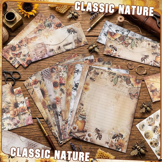 TaoBary 160 Pcs Stationery Paper Set 50 Double Sided Stationery Paper with 50 Matching Envelope and 60 Round Dot Sticker, 10 Design (Vintage Bee Floral Butterfly,8.5 x 11 Inch)
